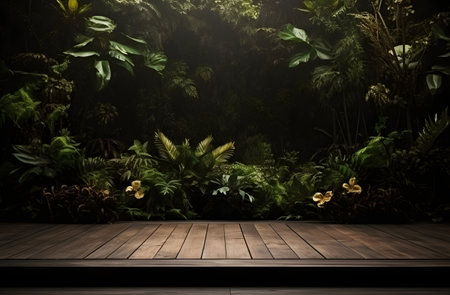 Wooden floor in the garden with tropical plants and flowers background.の素材
