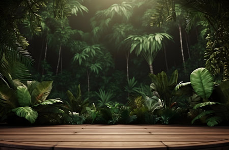 Wooden table in tropical garden with palm trees and plants. 3D Renderingの素材