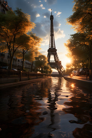 Eiffel Tower at sunset in Paris, France. Beautiful reflection in water.の素材