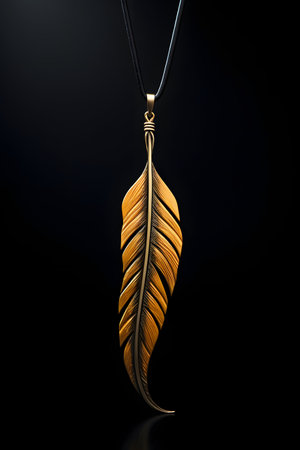 Golden feather pendant on a black background. 3d illustration.の素材