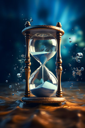 Hourglass with water drops on a dark background. Time concept.の素材
