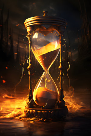 Hourglass with heart shape inside on fire background. Time concept.の素材