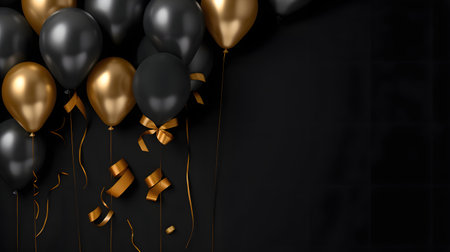 Black and Gold Balloons Background. 3D Render Illustration.の素材