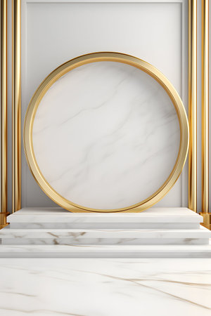 3d render of white marble podium with gold frame. Luxury minimalistic background.の素材