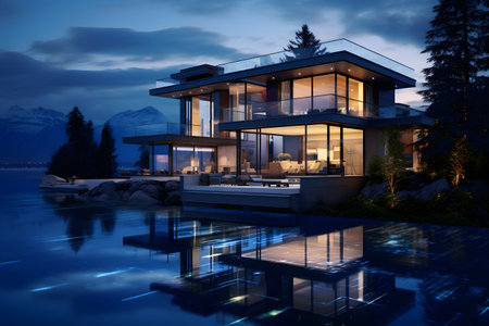 3d rendering of modern cozy house with pool and parking for sale or rent with beautiful landscaping on background. Clear summer night with many stars on the sky.の素材