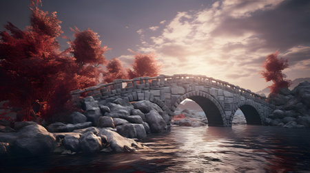 Stone bridge over the river at sunset, 3d render illustration.の素材