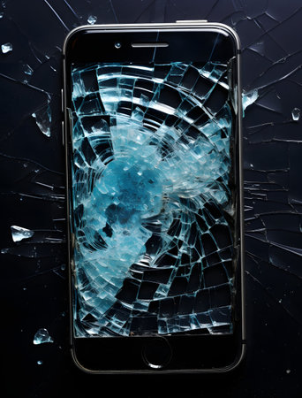 Smartphone with broken glass on a black background. Close up.の素材