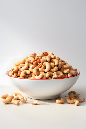 Roasted cashew nuts in a bowl on a white background.の素材