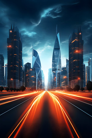 the light trails on the modern building background in shanghai china.の素材