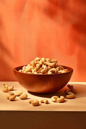 Cashew nuts in wooden bowl on table with orange wall background.の素材