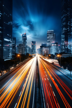light trails on the modern building background in shanghai china.の素材