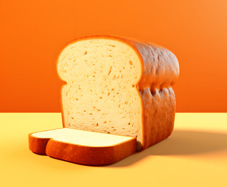 Slice of bread on orange background. 3d render illustration.の素材