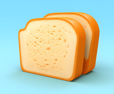 Slice of bread isolated on blue background. 3D illustration.の素材