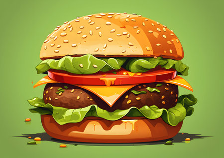 Big hamburger on green background. Vector illustration of fast food.の素材