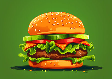 Hamburger on green background. Vector illustration of fast food.の素材