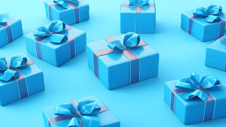 Blue gift boxes with ribbons on blue background. 3D renderingの素材