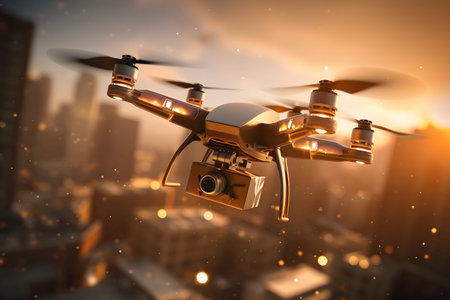 Drone flying in the night city. 3D rendering image.の素材