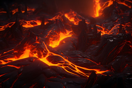 Volcanic eruption in the night, close-up. Abstract background.の素材