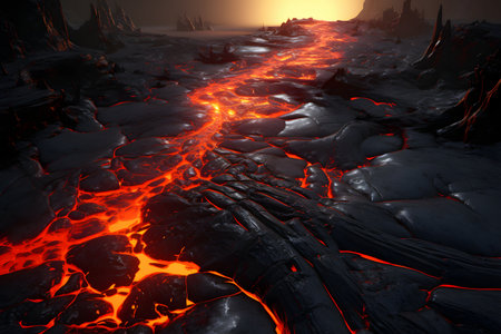 Volcanic landscape with lava flow. 3d render illustration.の素材