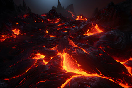 Volcanic eruption, close-up of lava flow. 3D renderingの素材