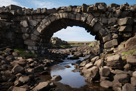 Icelandic landscape with stone bridge and river at low tide.の素材