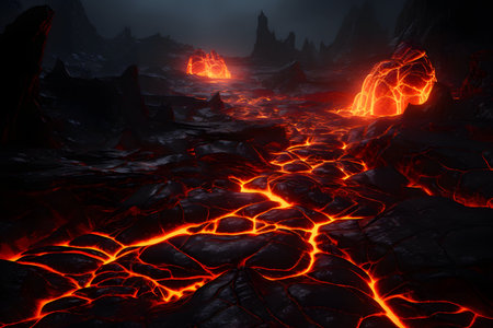 Fiery lava flow in a dark cave. 3D rendering.の素材