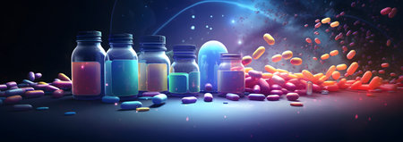 Vaccine bottles with colorful pills in space. 3d renderingの素材