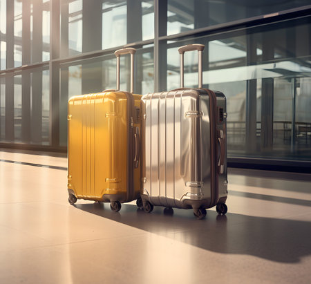 Two travel suitcases at the airport. Travel concept. 3D Renderingの素材