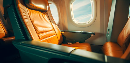 Interior of airplane with seats, seats and window view of the skyの素材