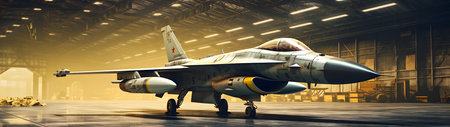 Fighter jet fighter in the hangar. 3d rendering illustration.の素材