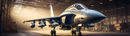 Fighter jet fighter in the hangar. 3d rendering and illustrationの素材