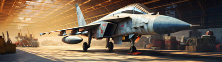 3D rendering of a military fighter jet in the airfield.の素材