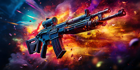 Submachine gun in space with fire and smoke. 3d illustrationの素材