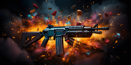 Submachine gun with flames on a dark background. 3d renderingの素材