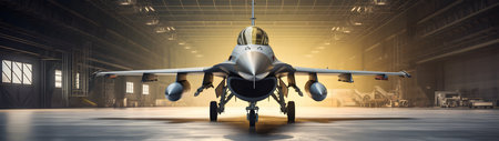 Military fighter jet in the hangar. 3D rendering. 3D illustration.の素材