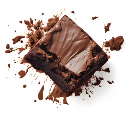 Chocolate cake isolated on white background. Top view. Flat lay.の素材