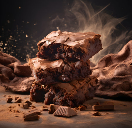 Chocolate brownies with chocolate chips and cocoa powder on a dark backgroundの素材