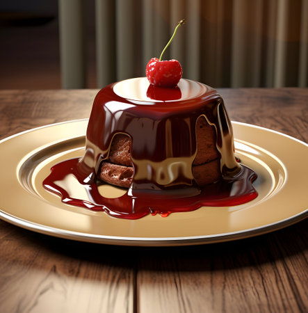 Chocolate pudding with raspberries and chocolate sauce on a plateの素材