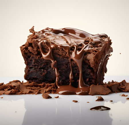 Chocolate cake with melted chocolate and cocoa powder on a white backgroundの素材