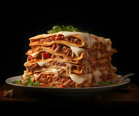Tasty lasagna with meat and tomato sauce on a black backgroundの素材