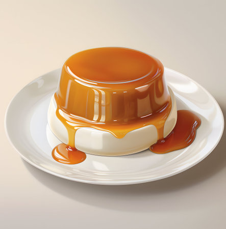 Panna cotta with caramel sauce on a plate. 3d illustrationの素材
