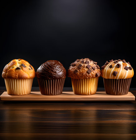 Muffins with chocolate on a wooden board on a black backgroundの素材