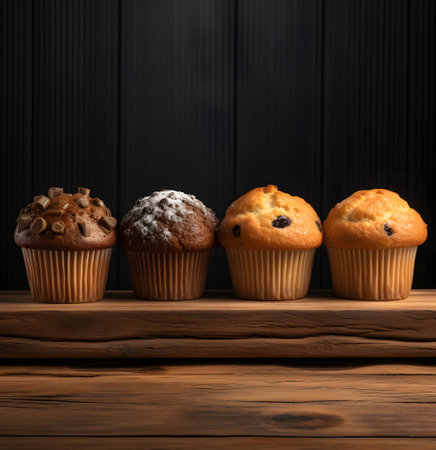 Muffins on a wooden board on a dark wooden background.の素材