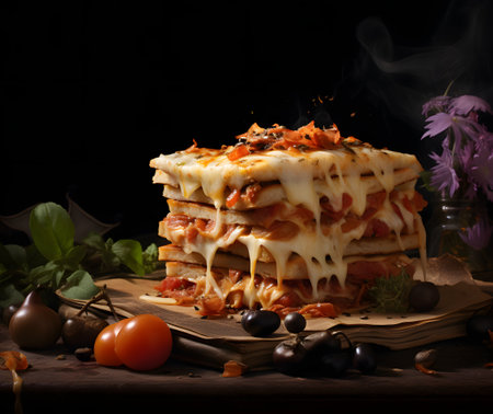 Stack of homemade pizza with cheese and cherry tomatoes on a black backgroundの素材