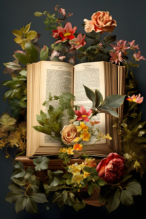 Old book with flowers and leaves on dark background. Copy space.の素材