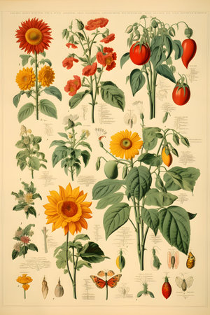 Vintage botanical illustration with sunflowers, tomatoes and other plantsの素材