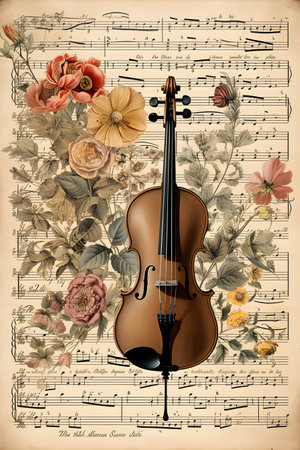 Vintage music background with violin, flowers and notes. Vector illustration.の素材