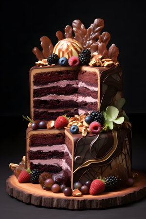 Chocolate cake with berries and chocolate glaze on a black backgroundの素材