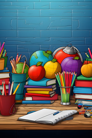 Back to school concept with books, globe, apple, pencils and school supplies illustrationの素材