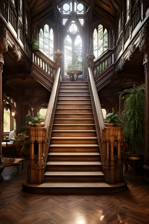 Interior of an old mansion with wooden stairs and green plants.の素材